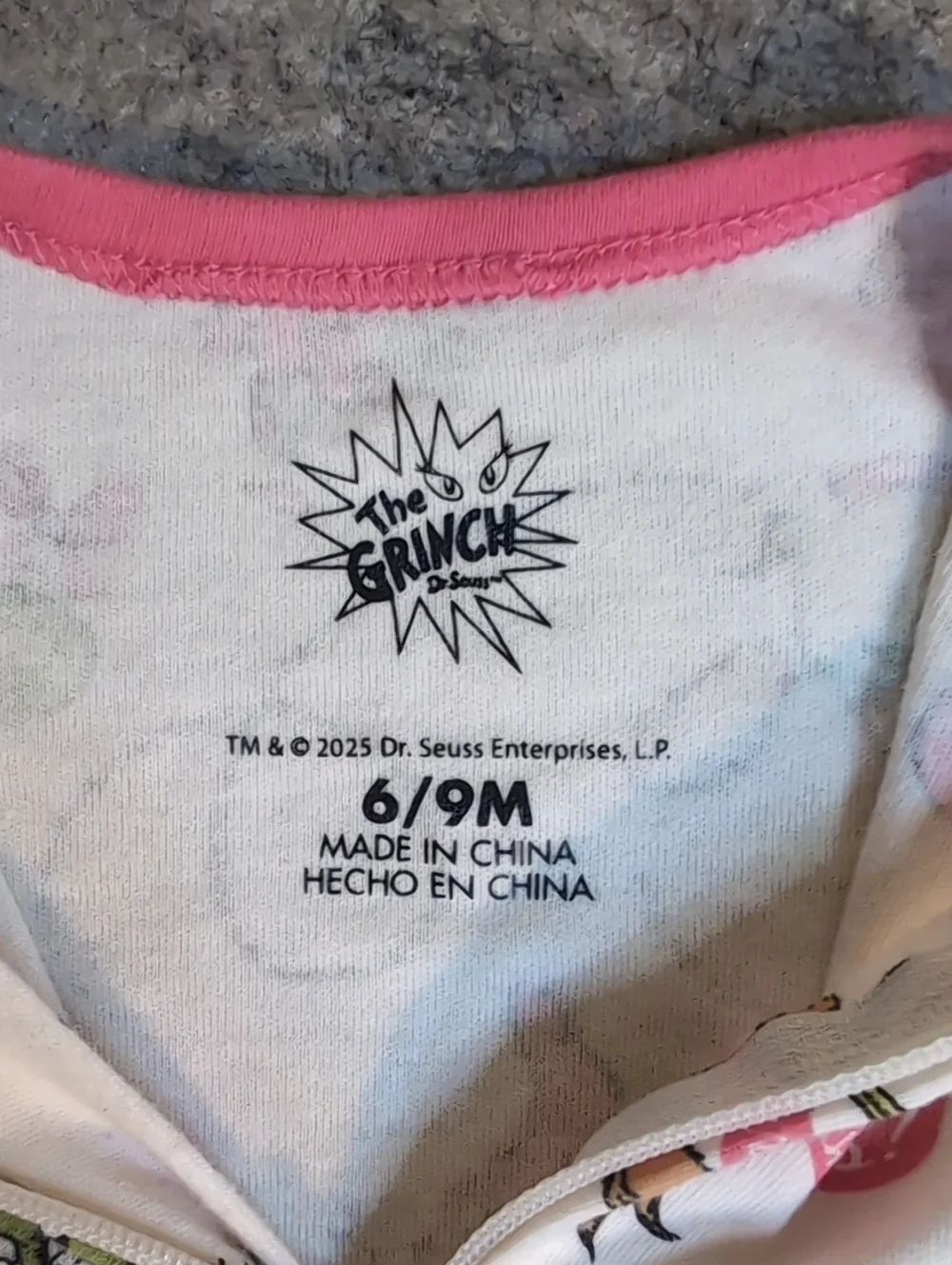 Holiday Grinch Print Pink-Trim Footed One-Piece Sleeper 6/9 Months